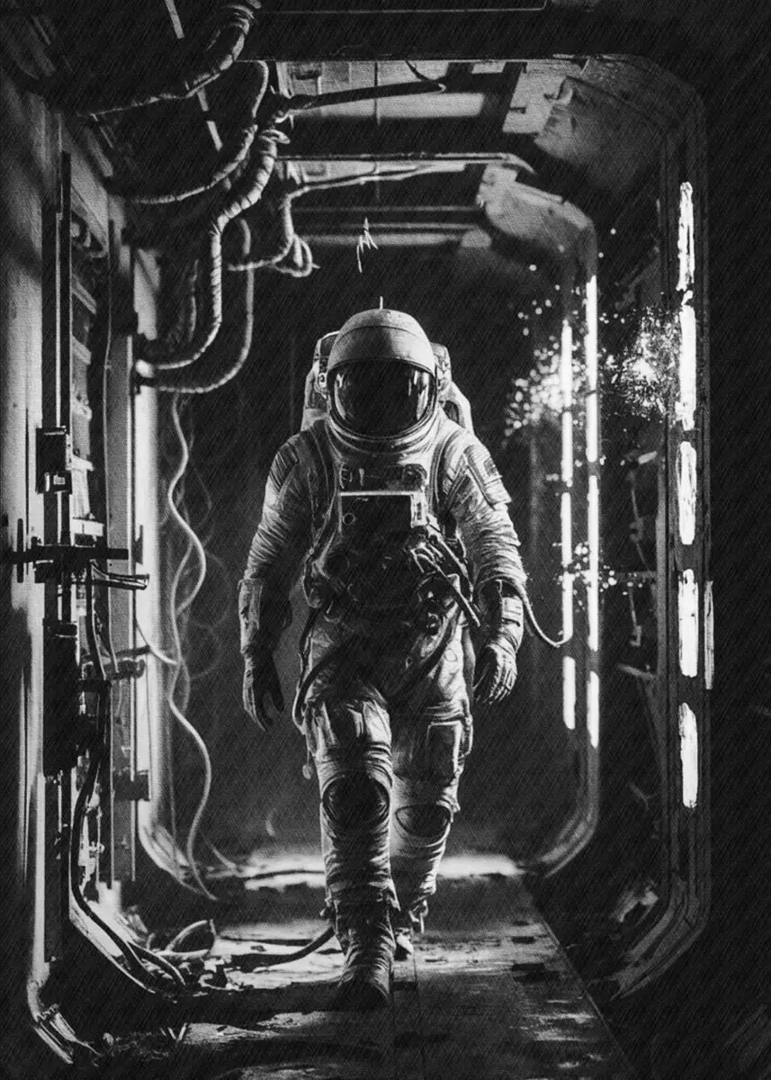 Plakat retro kosmos - astronauta i rakieta Burgundia