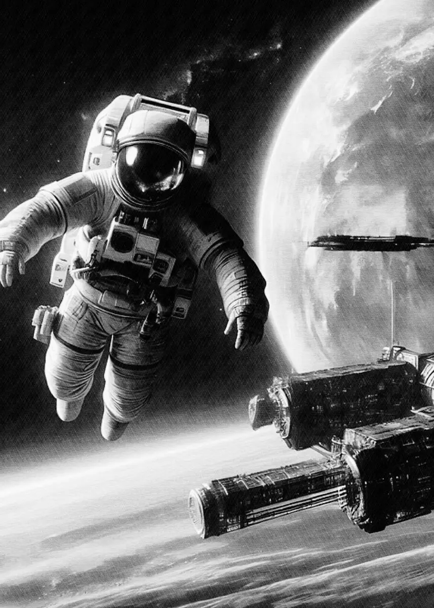 Plakat retro kosmos - astronauta i rakieta Zielony