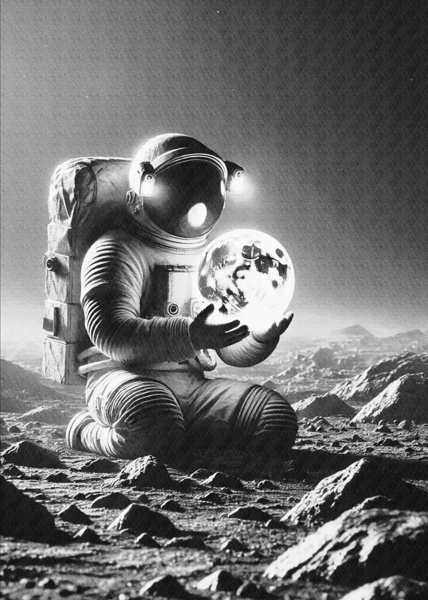 Plakat retro kosmos - astronauta i rakieta żółty