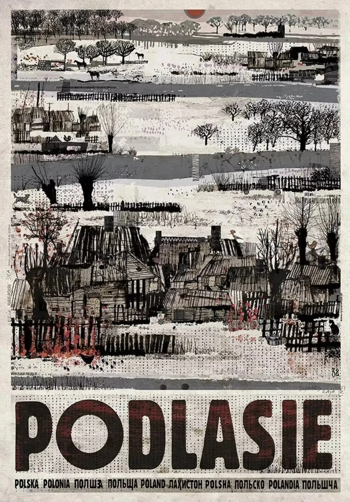 Plakat retro polskie miasta - Biebrza, Solina, Zakopane Różowy