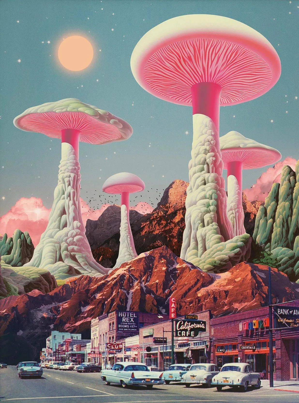 Retro kobieta z dymem i grzybem - plakat psychodeliczny Biały