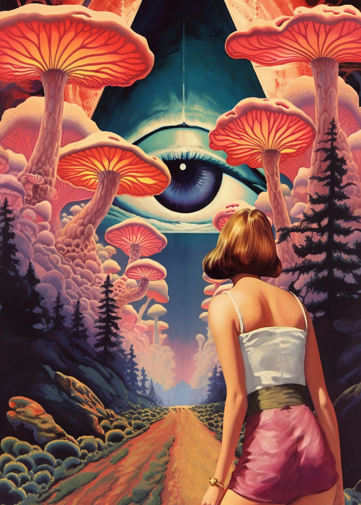 Retro kobieta z dymem i grzybem - plakat psychodeliczny Burgundia