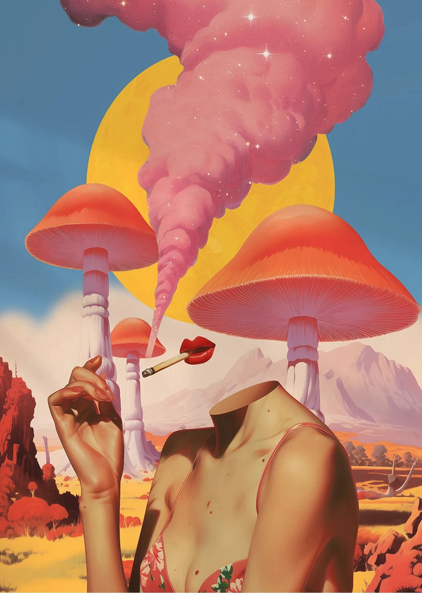 Retro kobieta z dymem i grzybem - plakat psychodeliczny Czarny