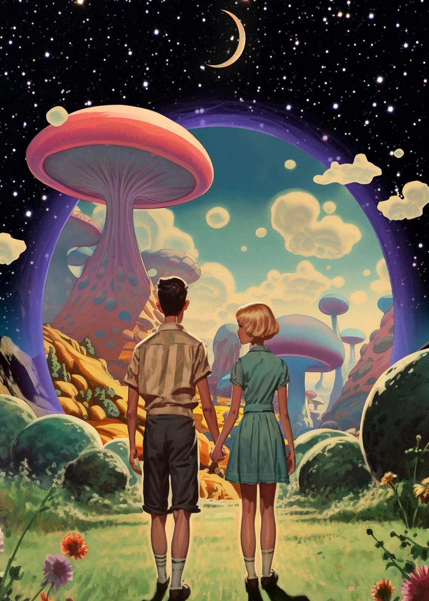 Retro kobieta z dymem i grzybem - plakat psychodeliczny Fioletowy