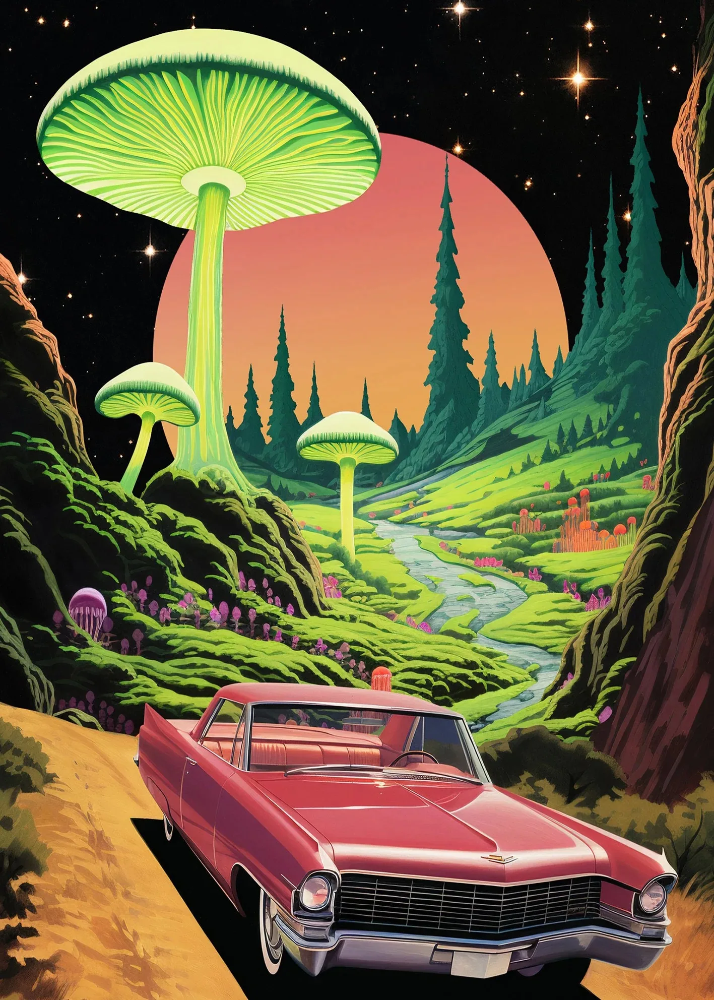 Retro kobieta z dymem i grzybem - plakat psychodeliczny Granatowy