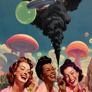 Retro kobieta z dymem i grzybem - plakat psychodeliczny Jasnoszary