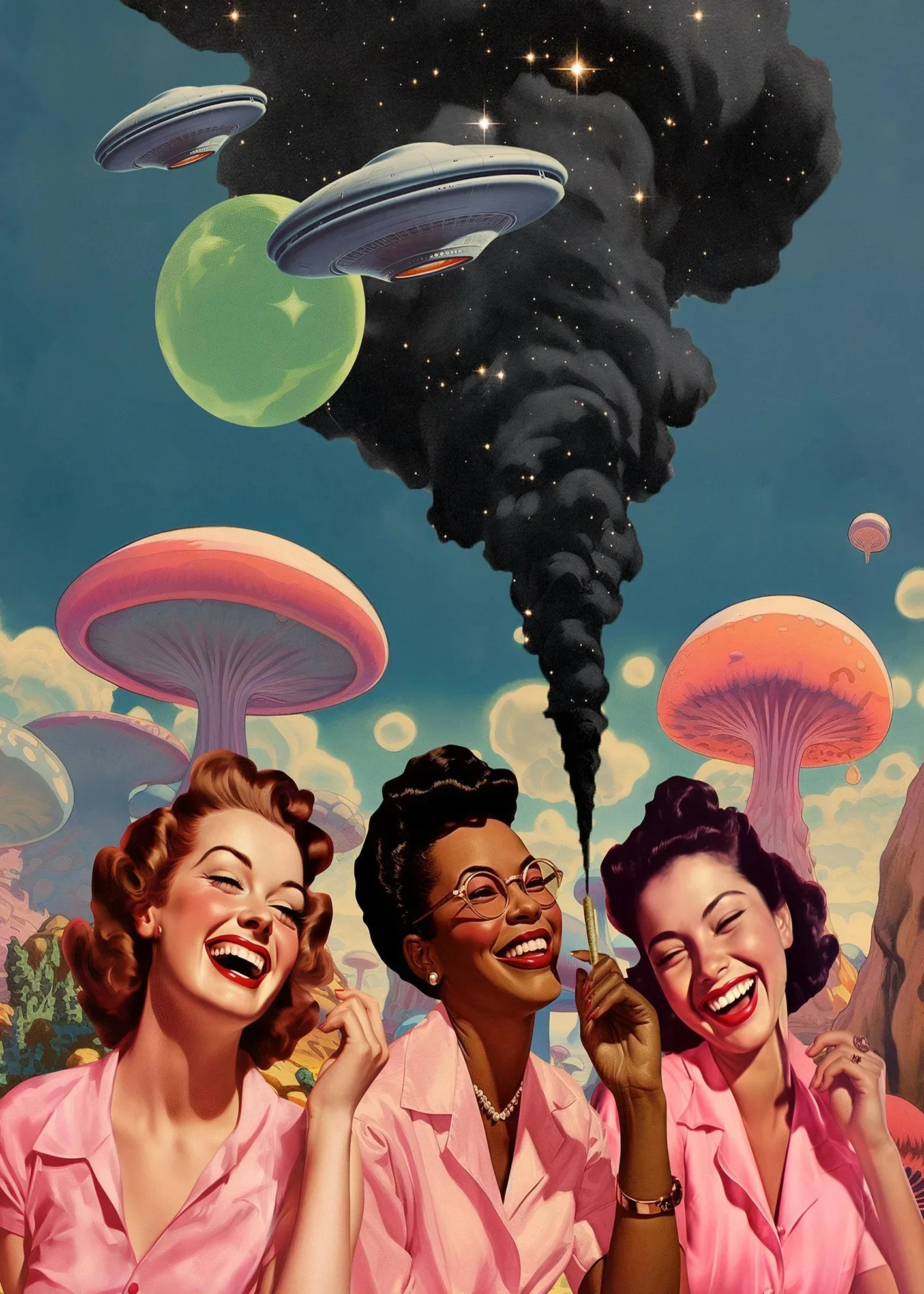 Retro kobieta z dymem i grzybem - plakat psychodeliczny Jasnoszary