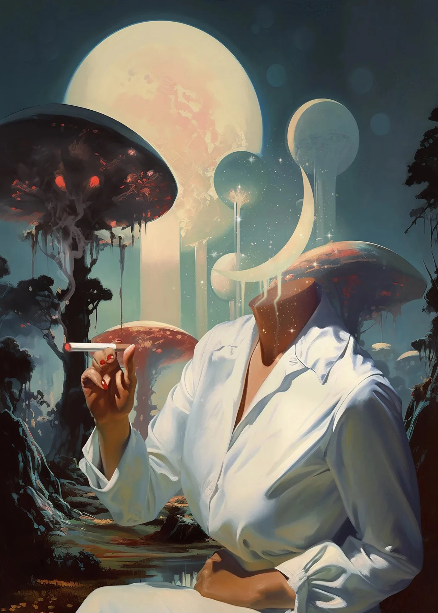 Retro kobieta z dymem i grzybem - plakat psychodeliczny Jasnozielony