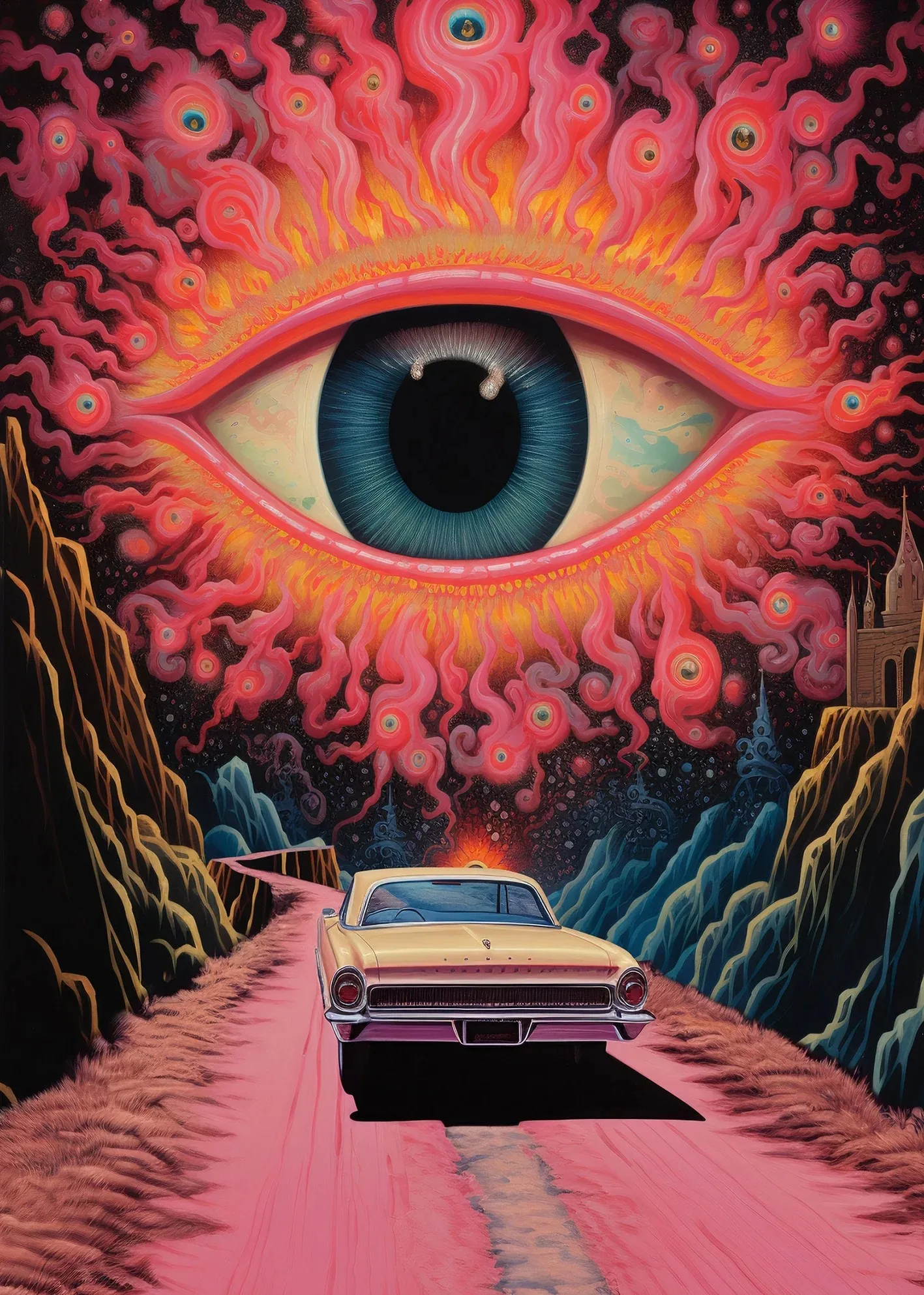 Retro kobieta z dymem i grzybem - plakat psychodeliczny Niebieski