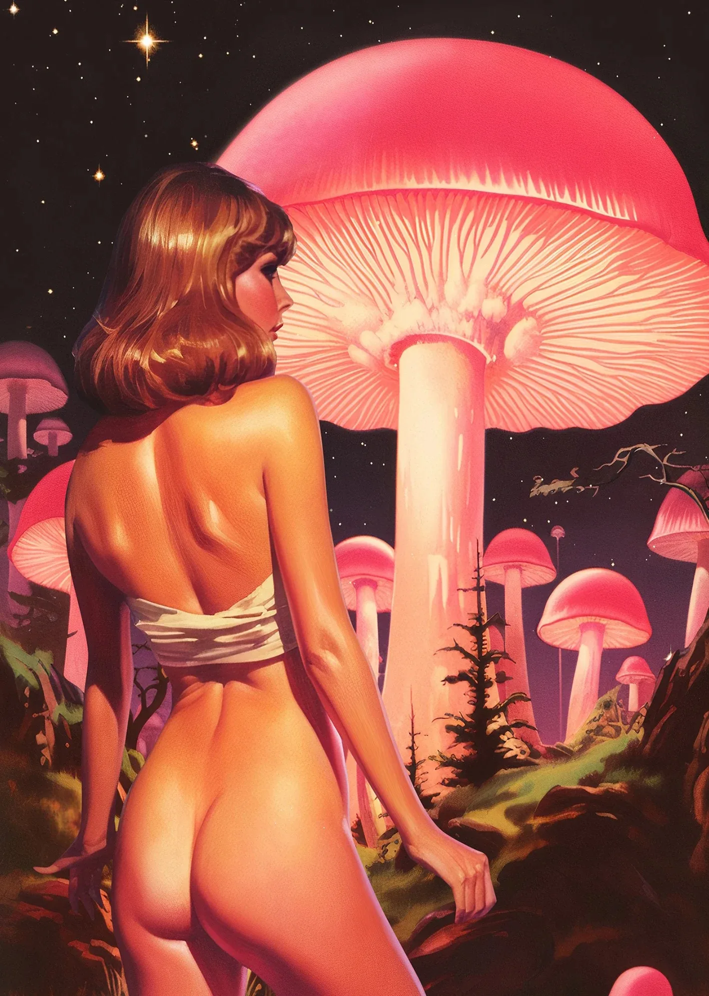 Retro kobieta z dymem i grzybem - plakat psychodeliczny Zielony
