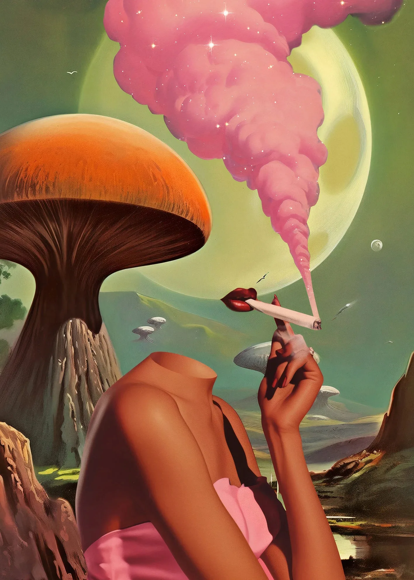 Retro kobieta z dymem i grzybem - plakat psychodeliczny żółty