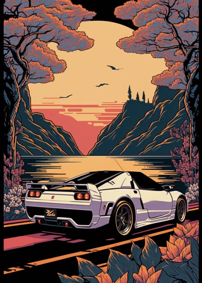 Plakat retro samochód GTR w japońskim pejzażu Biały
