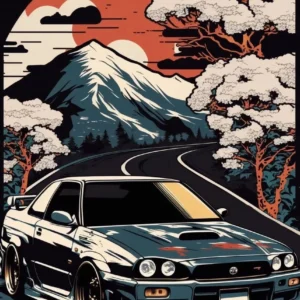 Plakat retro samochód GTR w japońskim pejzażu Burgundia