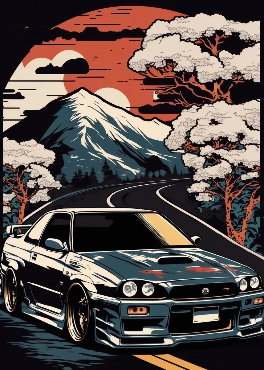 Plakat retro samochód GTR w japońskim pejzażu Burgundia