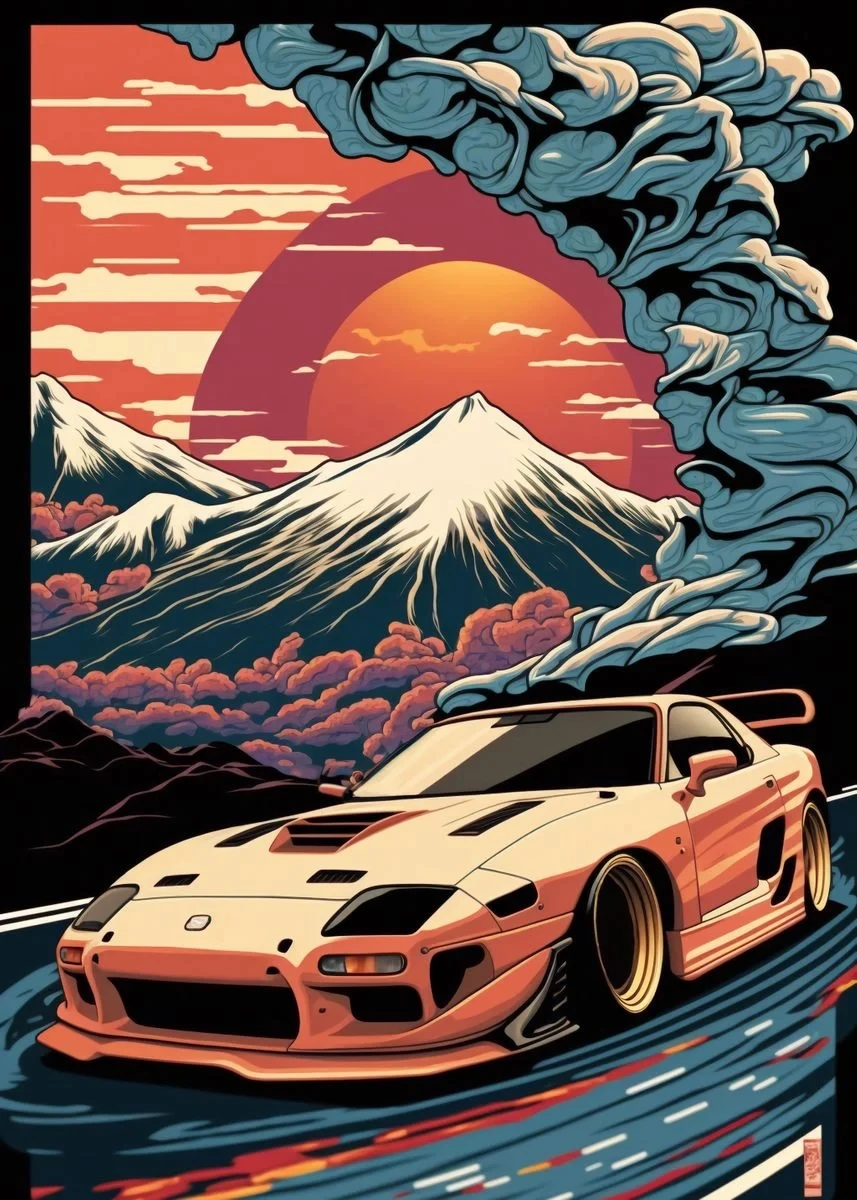 Plakat retro samochód GTR w japońskim pejzażu Czerwony