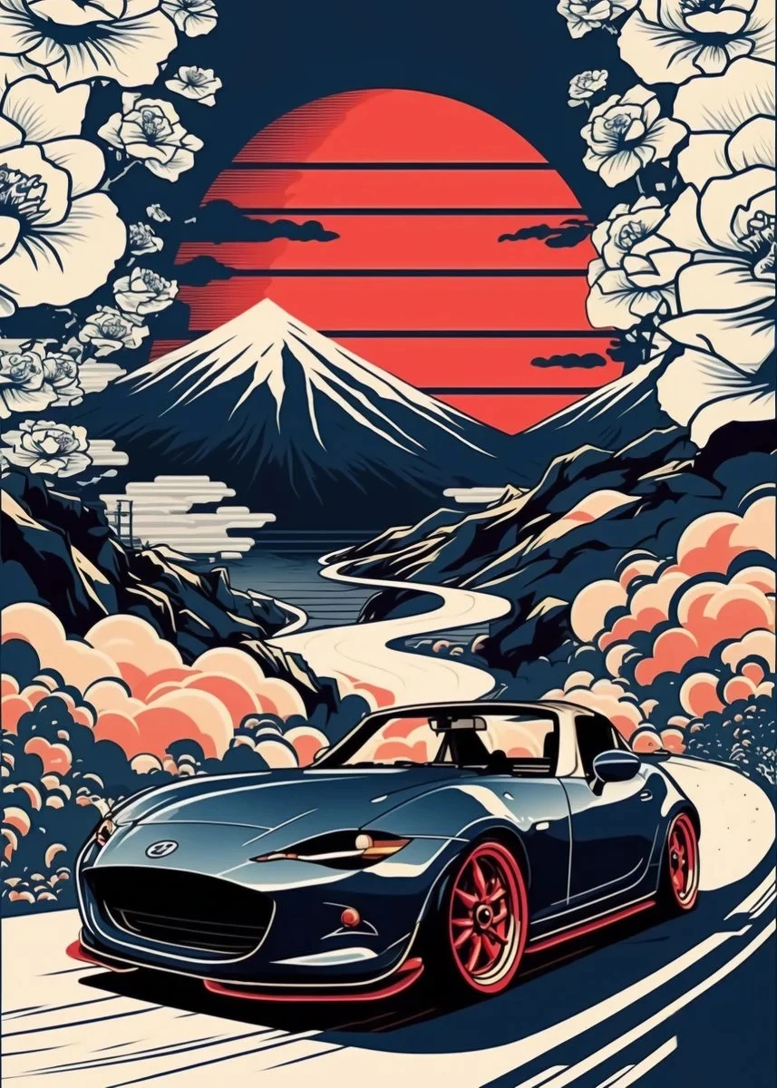 Plakat retro samochód GTR w japońskim pejzażu Fioletowy