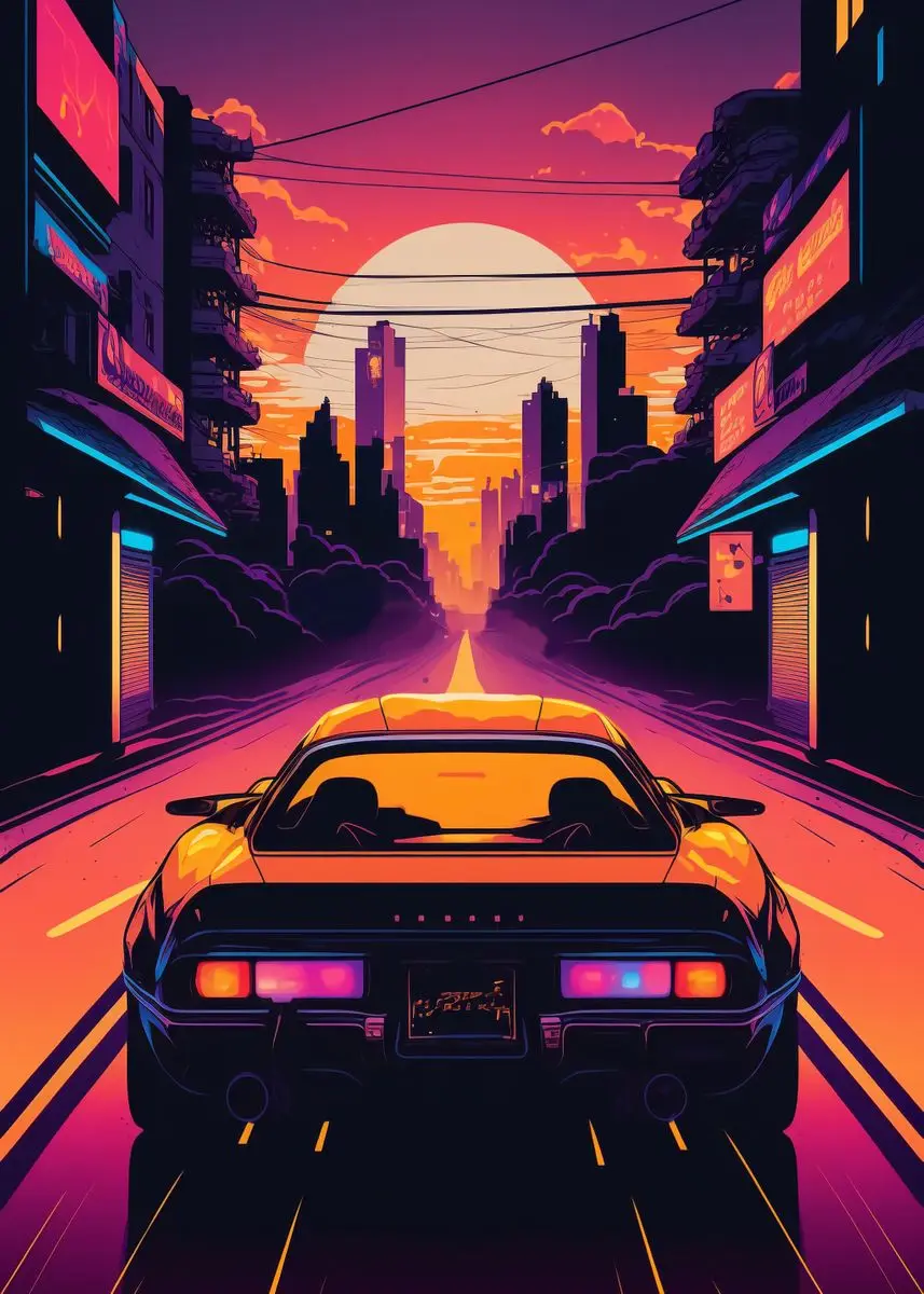 Plakat retro samochód GTR w japońskim pejzażu Granatowy