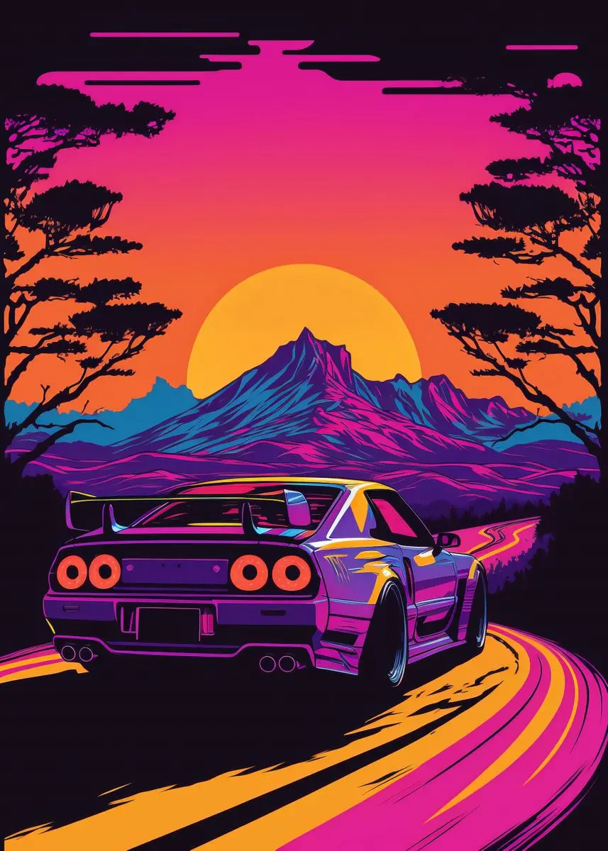 Plakat retro samochód GTR w japońskim pejzażu Niebieski