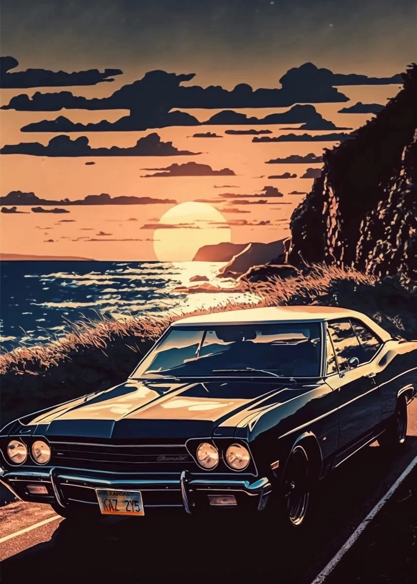 Plakat retro samochód GTR w japońskim pejzażu Zielony