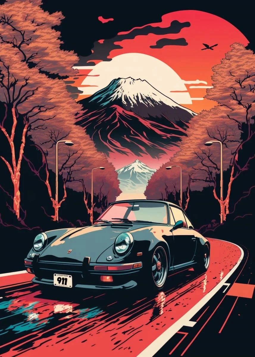Plakat retro samochód GTR w japońskim pejzażu żółty