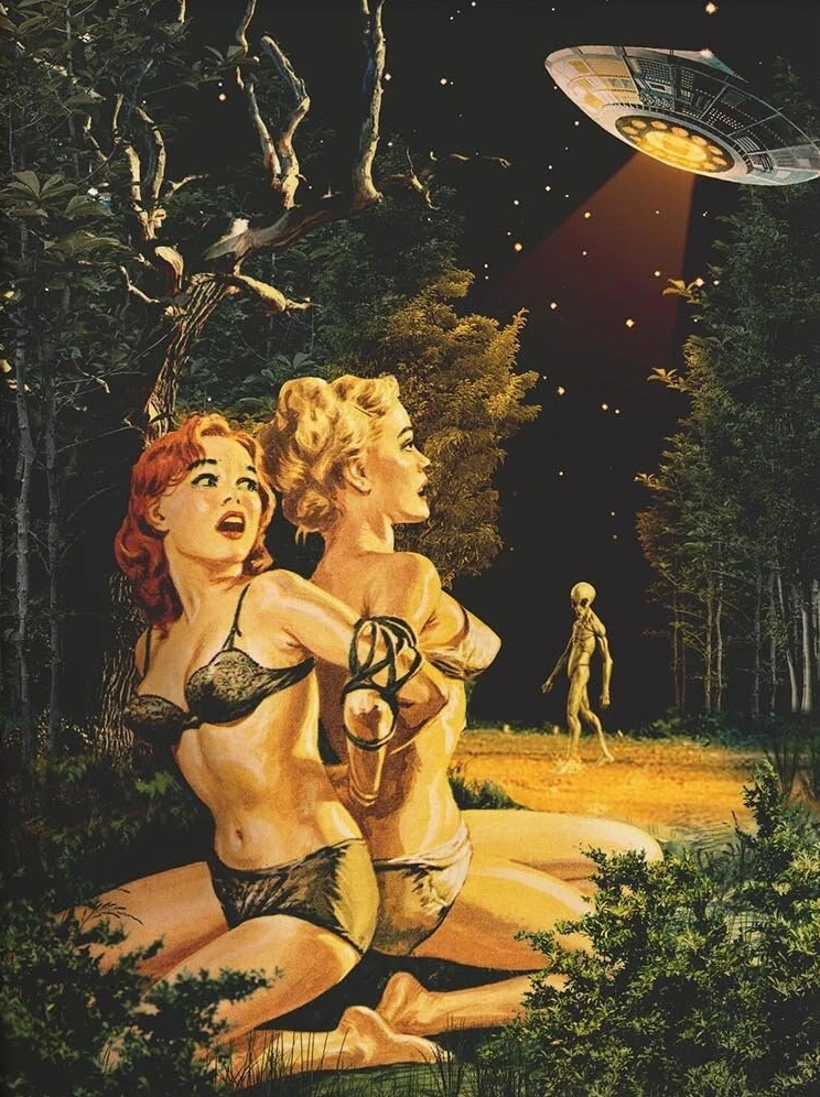 Retro plakat UFO i kobieta Czarny