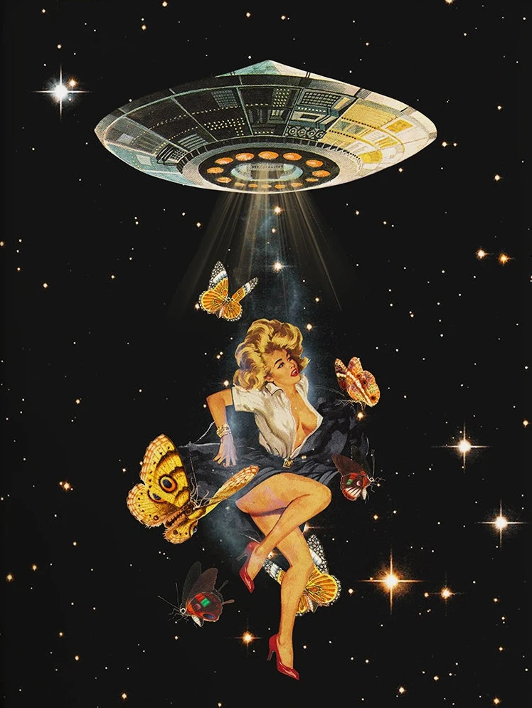 Retro plakat UFO i kobieta Fioletowy