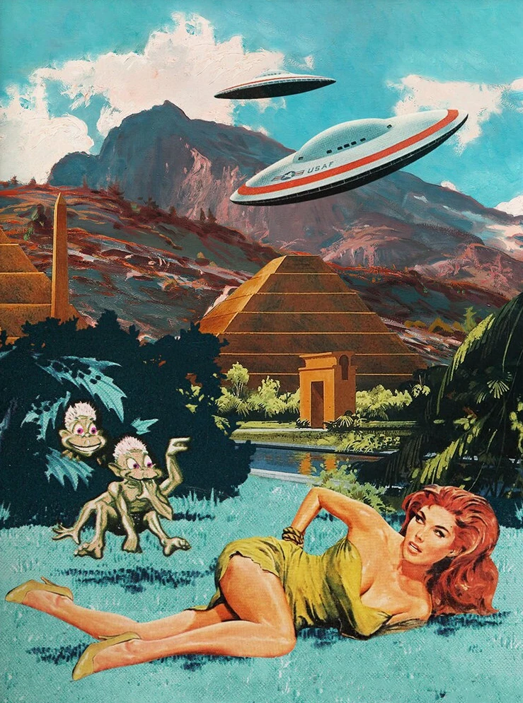 Retro plakat UFO i kobieta Granatowy