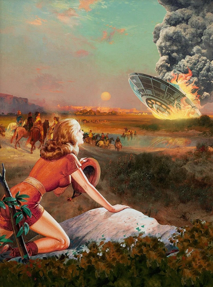 Retro plakat UFO i kobieta Jasnoszary
