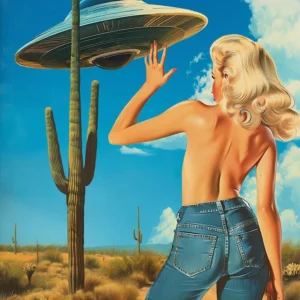 Retro plakat UFO i kobieta Jasnożółty