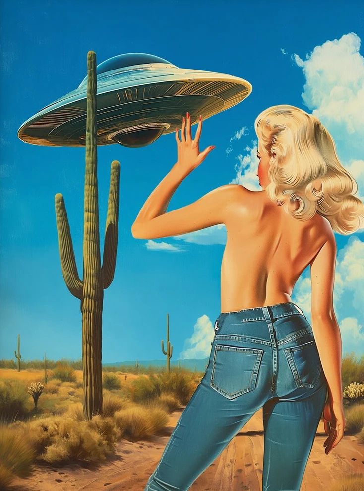 Retro plakat UFO i kobieta Jasnożółty