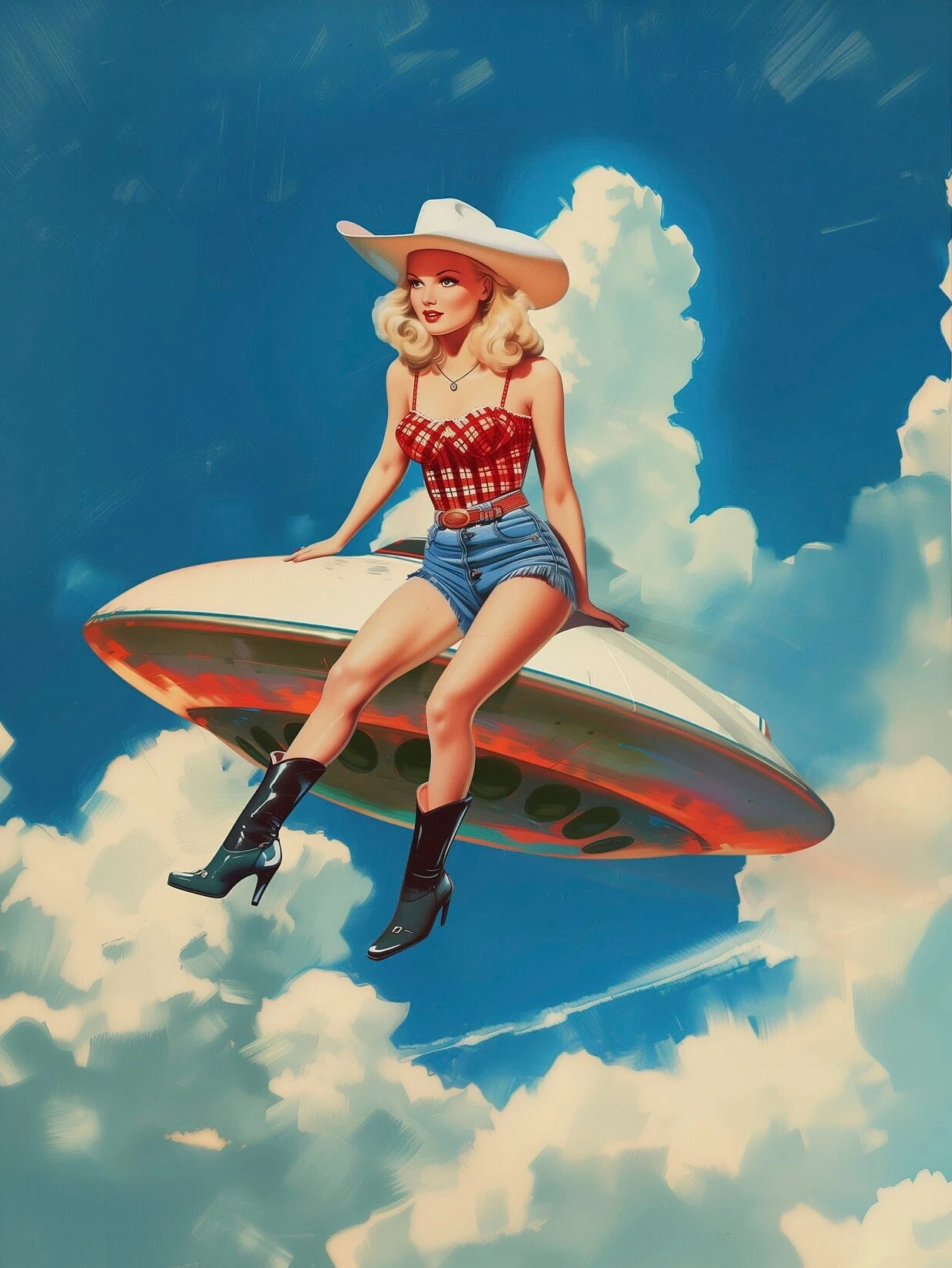 Retro plakat UFO i kobieta Jasny
