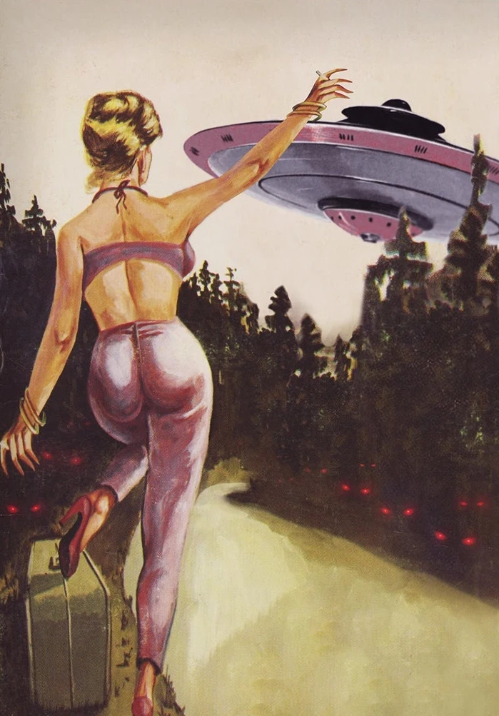Retro plakat UFO i kobieta Niebieski