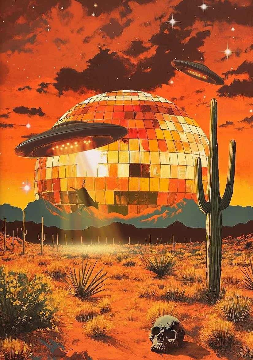 Retro plakat UFO i kobieta Wielo