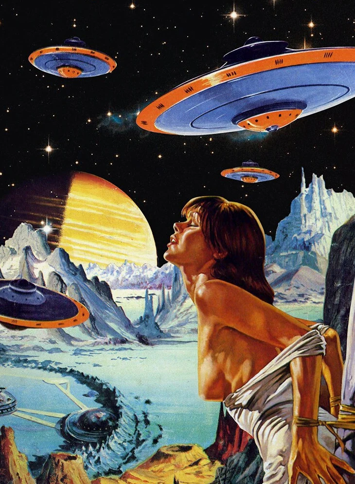 Retro plakat UFO i kobieta Zielony