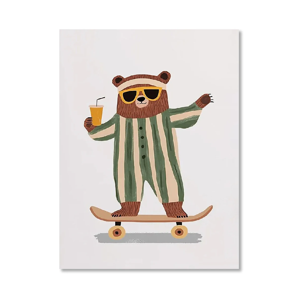 Plakat retro zwierzęta leśne na deskorolce żółty