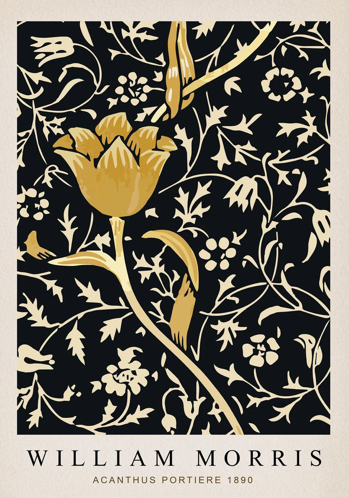 Plakat roślinny William Morris liście i motyl Beżowy