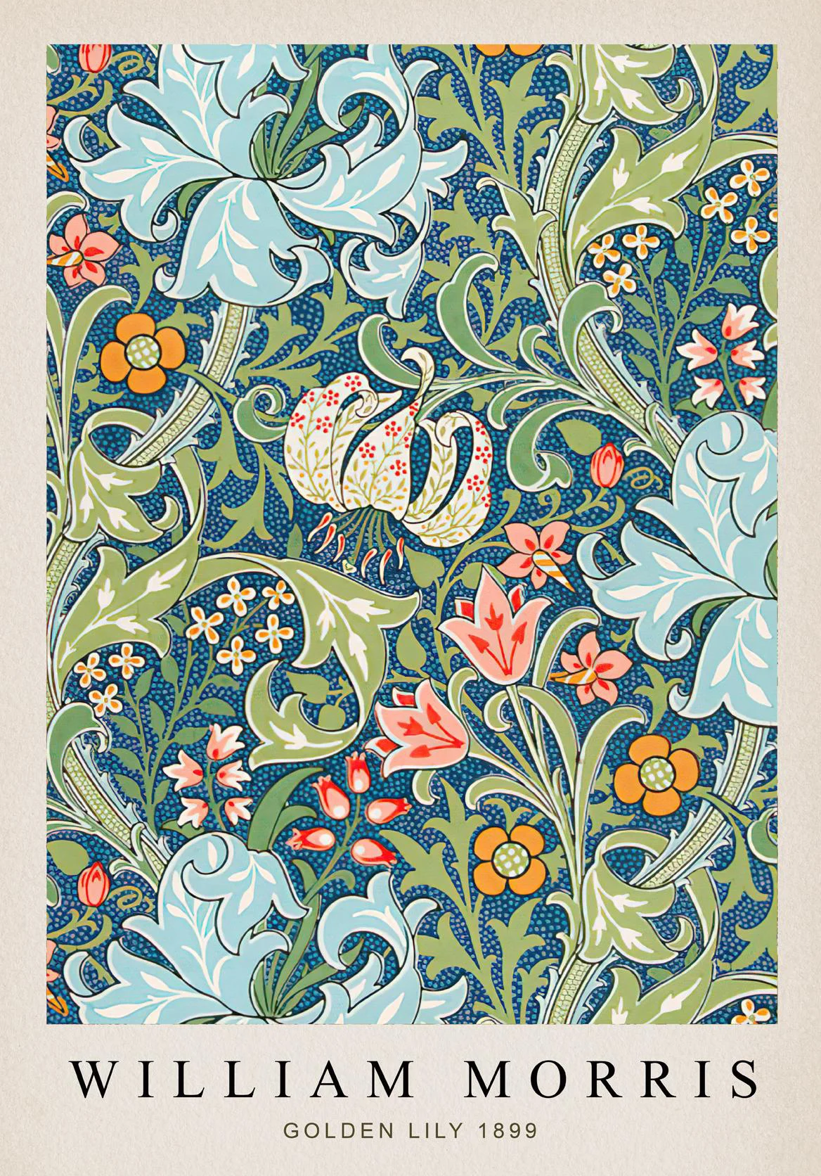 Plakat roślinny William Morris liście i motyl Błękitny