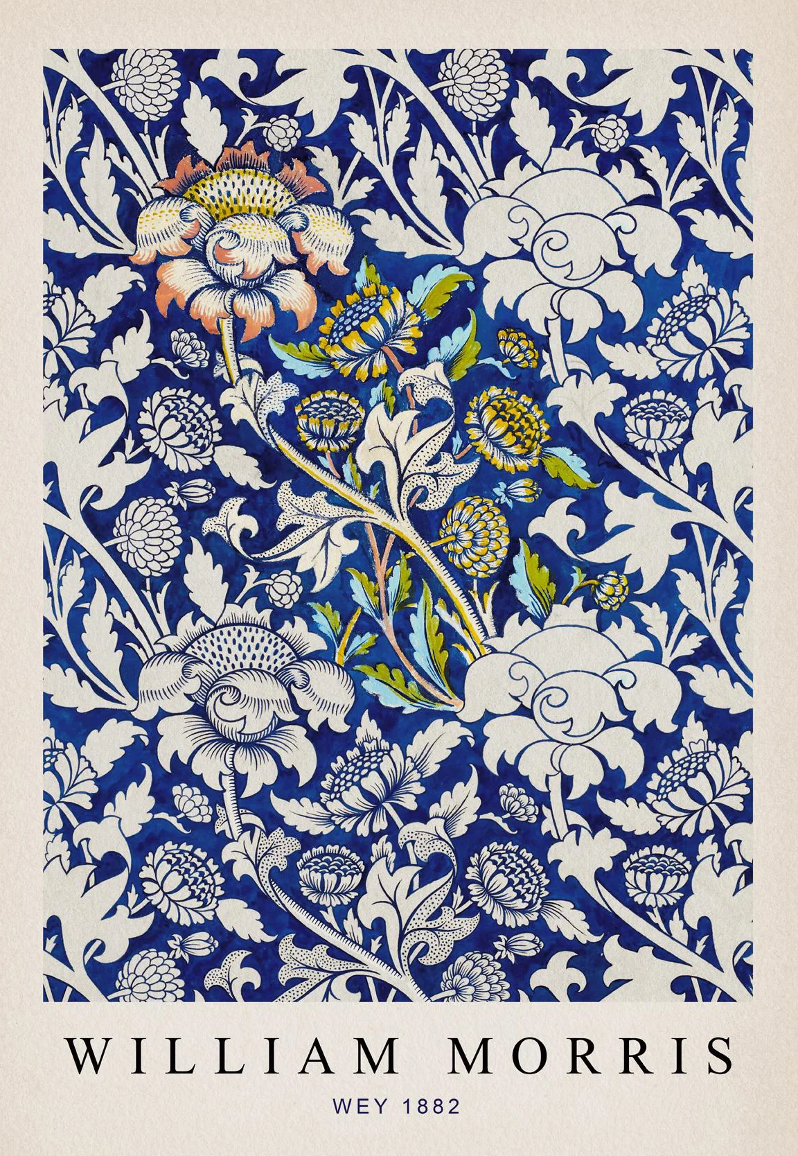 Plakat roślinny William Morris liście i motyl Jasnoszary