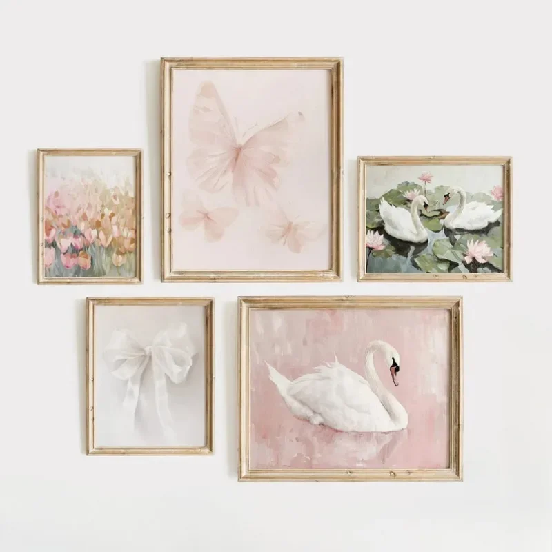 Różowy motyl i biały łabędź - plakat 5pcs