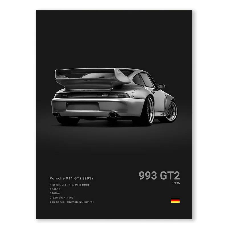 Plakat sportowy samochód Porsche 911 GT3 RS czarno-biały Wzór 2