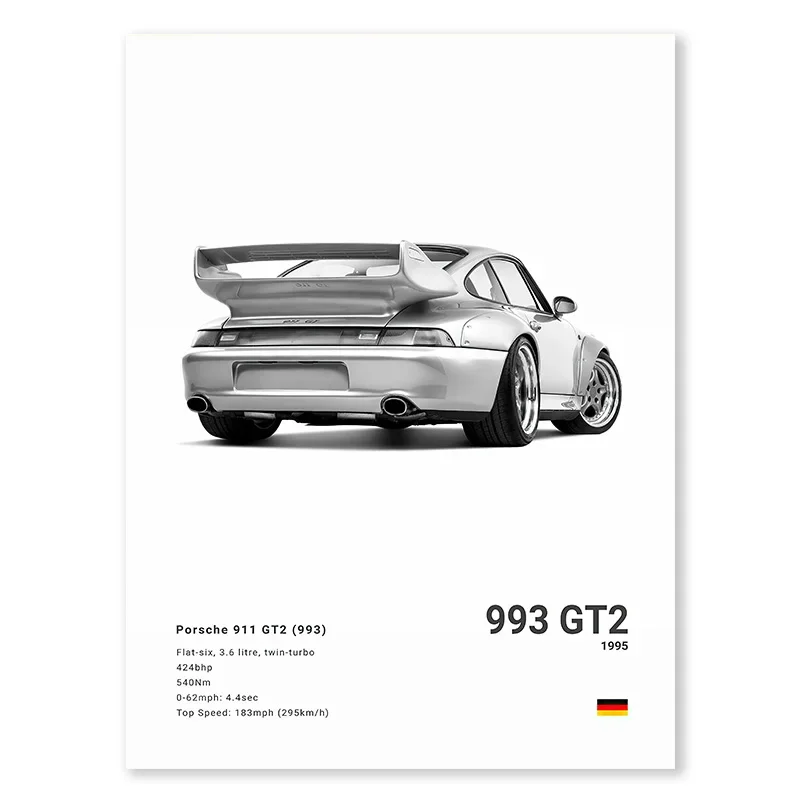 Plakat sportowy samochód Porsche 911 GT3 RS czarno-biały Wzór 3