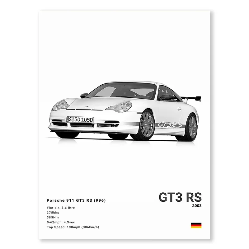 Plakat sportowy samochód Porsche 911 GT3 RS czarno-biały Wzór 4