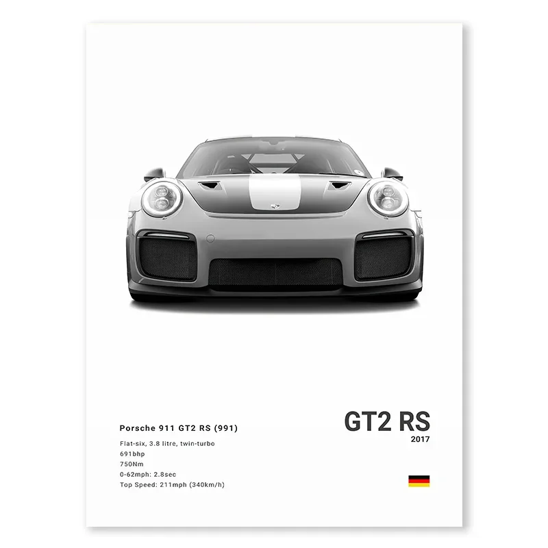 Plakat sportowy samochód Porsche 911 GT3 RS czarno-biały Wzór 5
