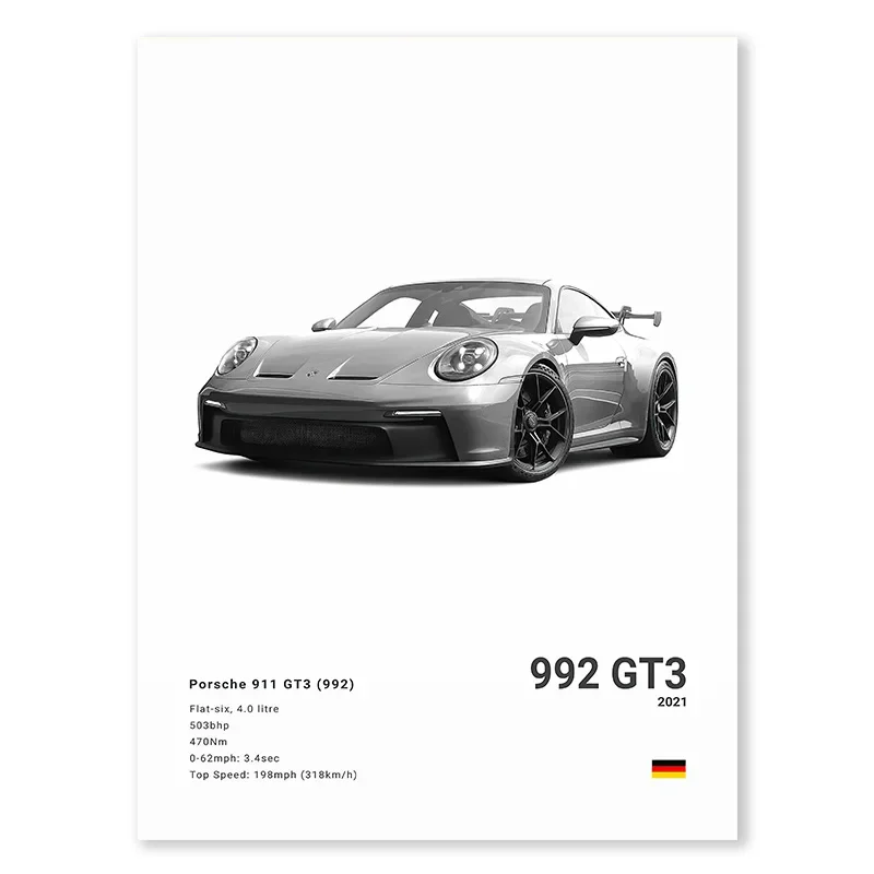 Plakat sportowy samochód Porsche 911 GT3 RS czarno-biały Wzór 6