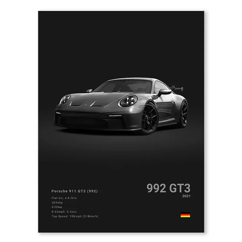 Plakat sportowy samochód Porsche 911 GT3 RS czarno-biały Wzór 8