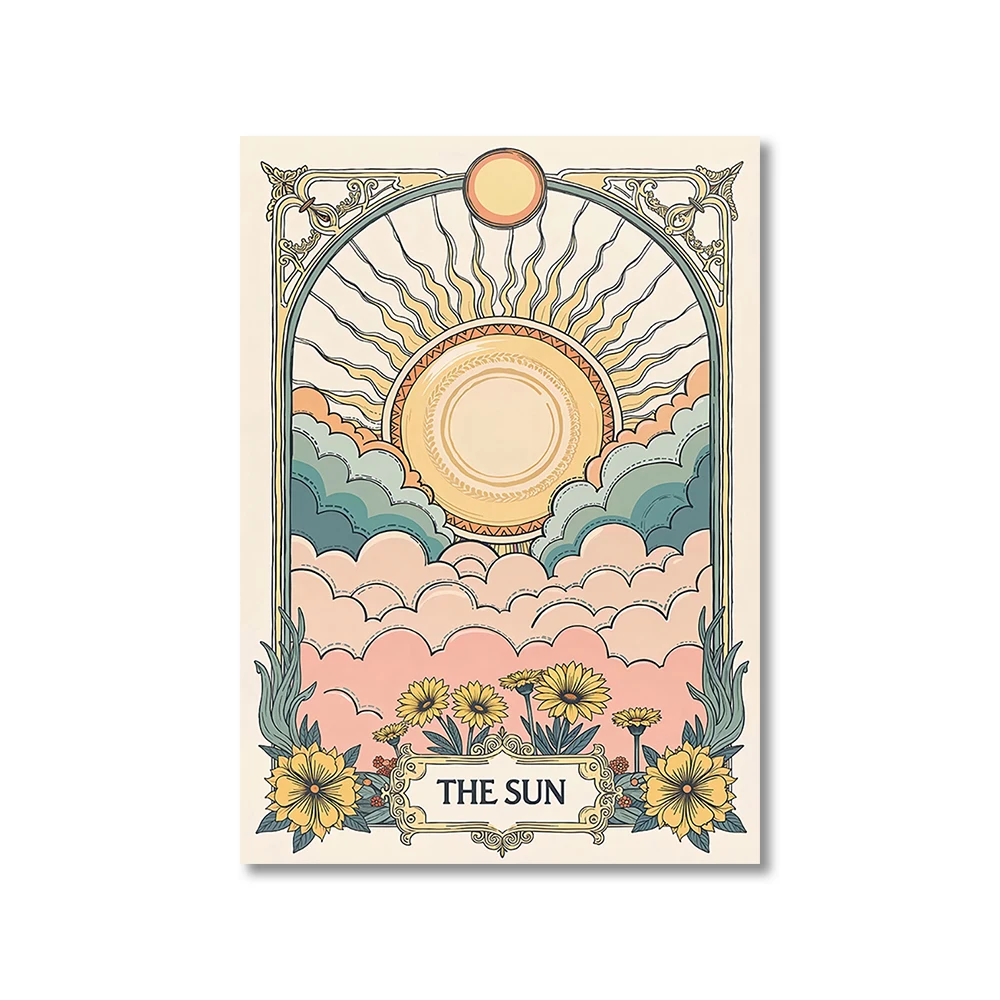 Słońce, Księżyc i kwiaty - plakat boho żółty