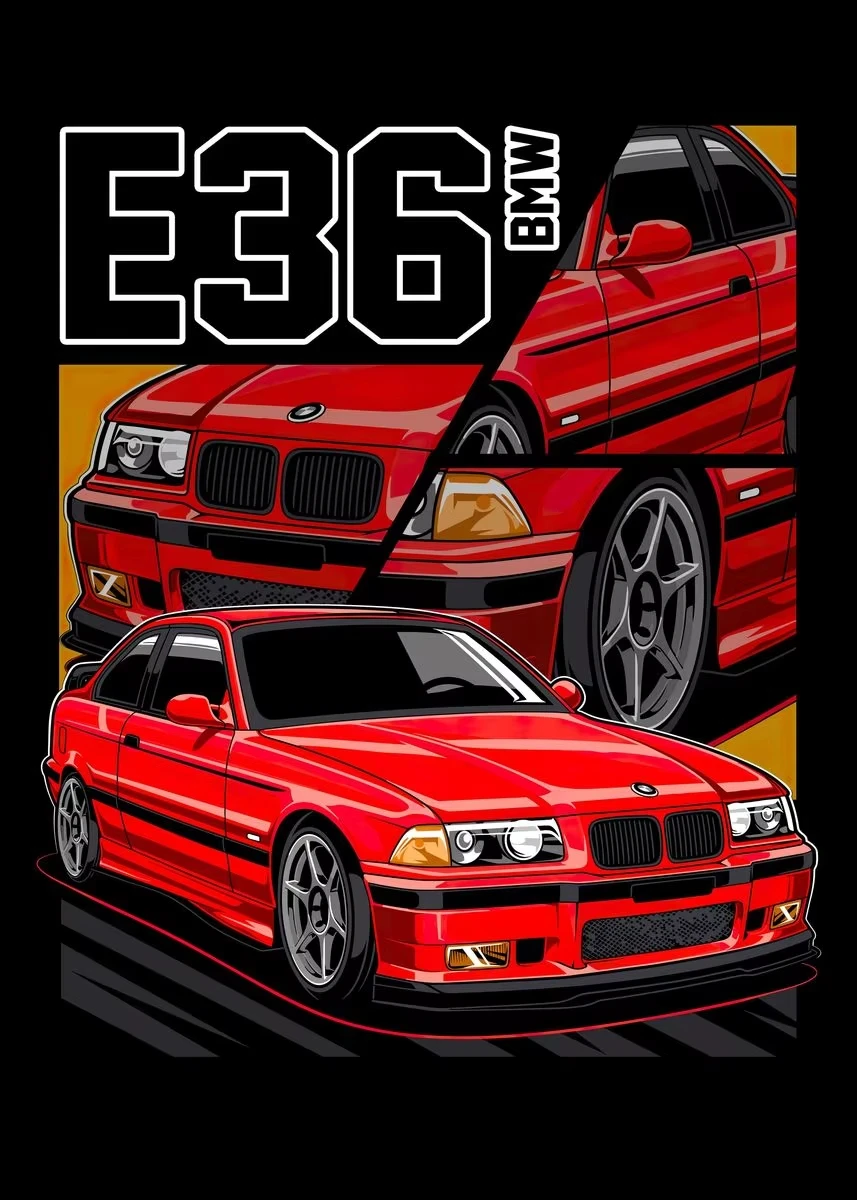 Plakat sportowe auta Miata, Supra i E36 Czerwony