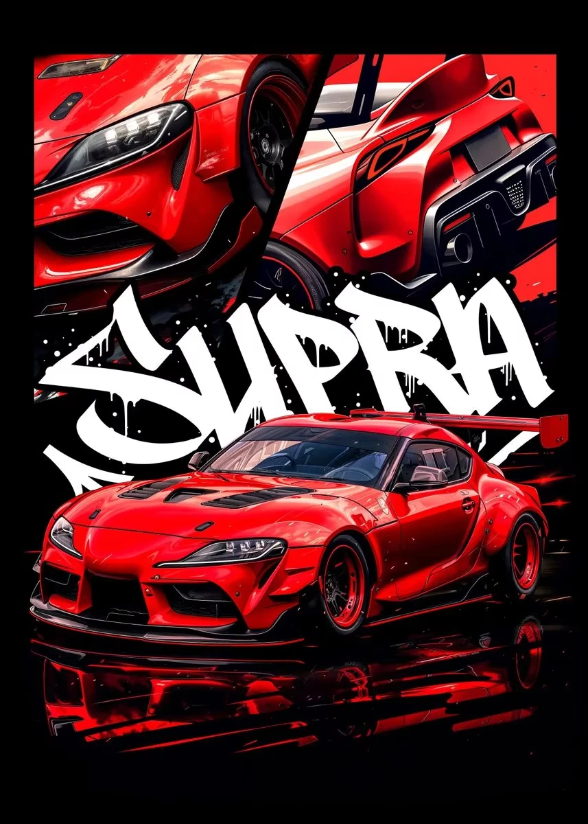 Plakat sportowe auta Miata, Supra i E36 żółty