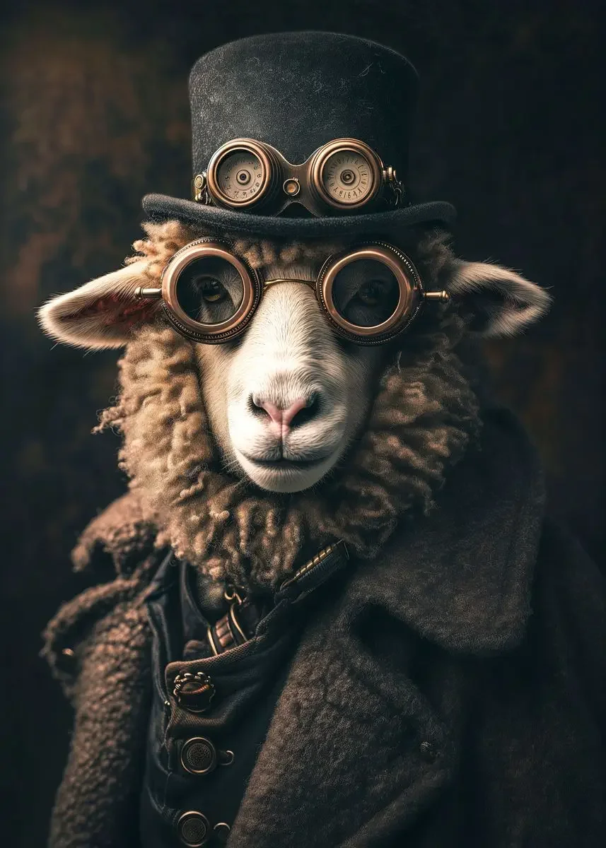 Plakat steampunk - portrety zwierząt w stylu retro Biały