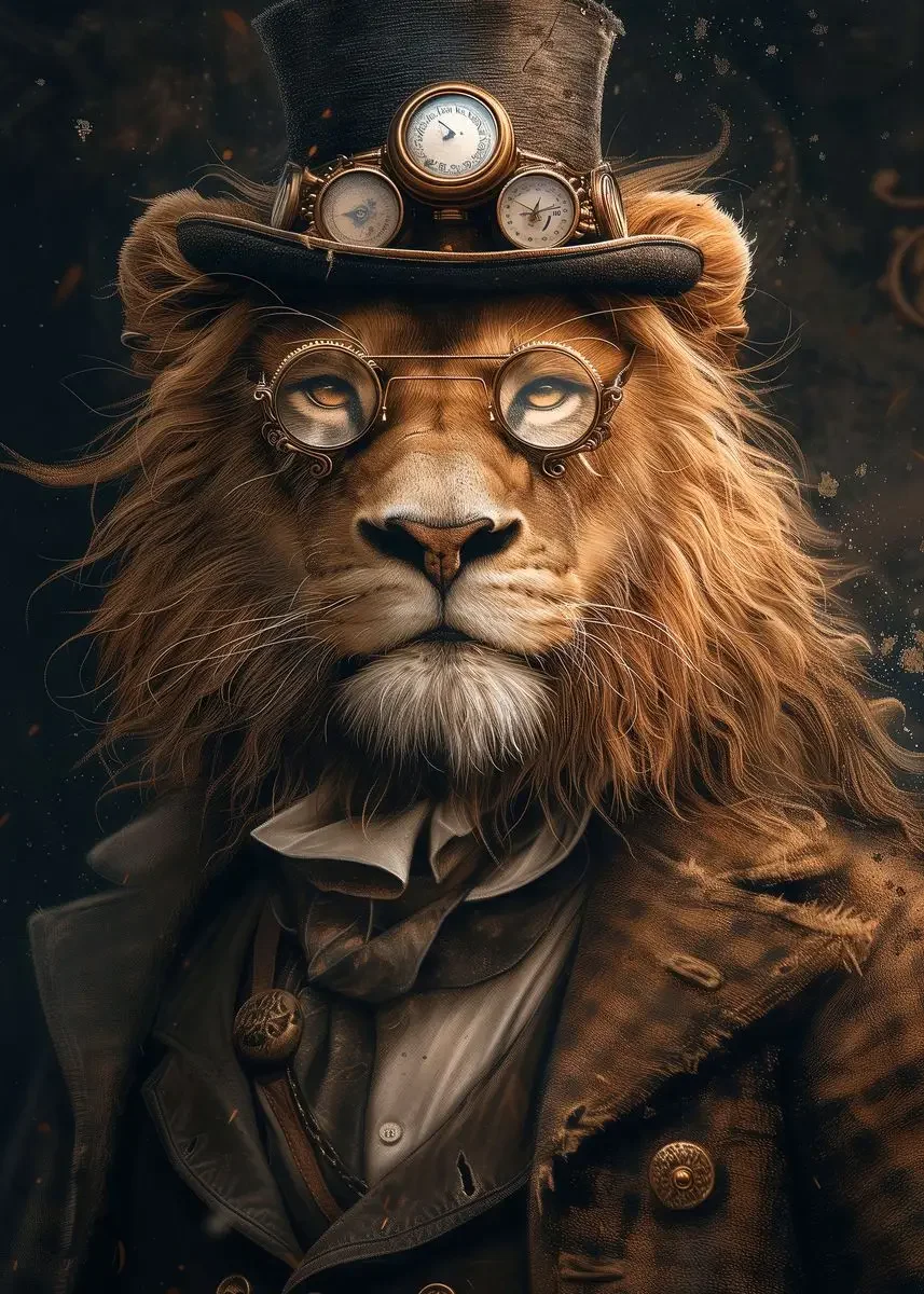 Plakat steampunk - portrety zwierząt w stylu retro żółty